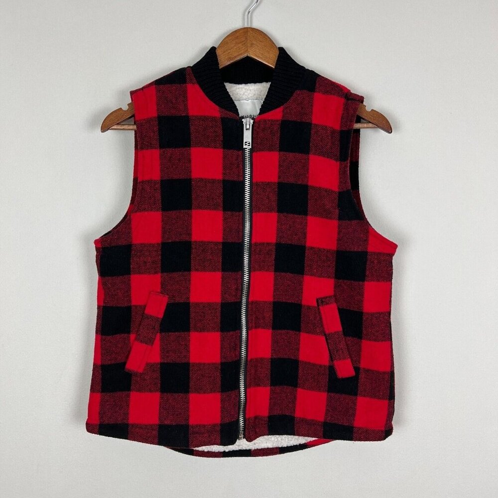 Thread & Supply‎ Vest Womens Small Red Black Buffalo Plaid Sherpa Lined Zip Up S